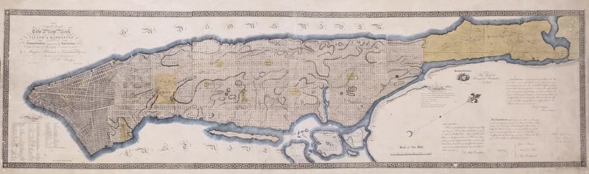 Commissioner Plan, A Map of the City of New York, av kommisjonærene utnevnt ved en lov vedtatt 3. april 1807, gravert av P. Maverick, 1811 (litografi, blekk, fargevask.)